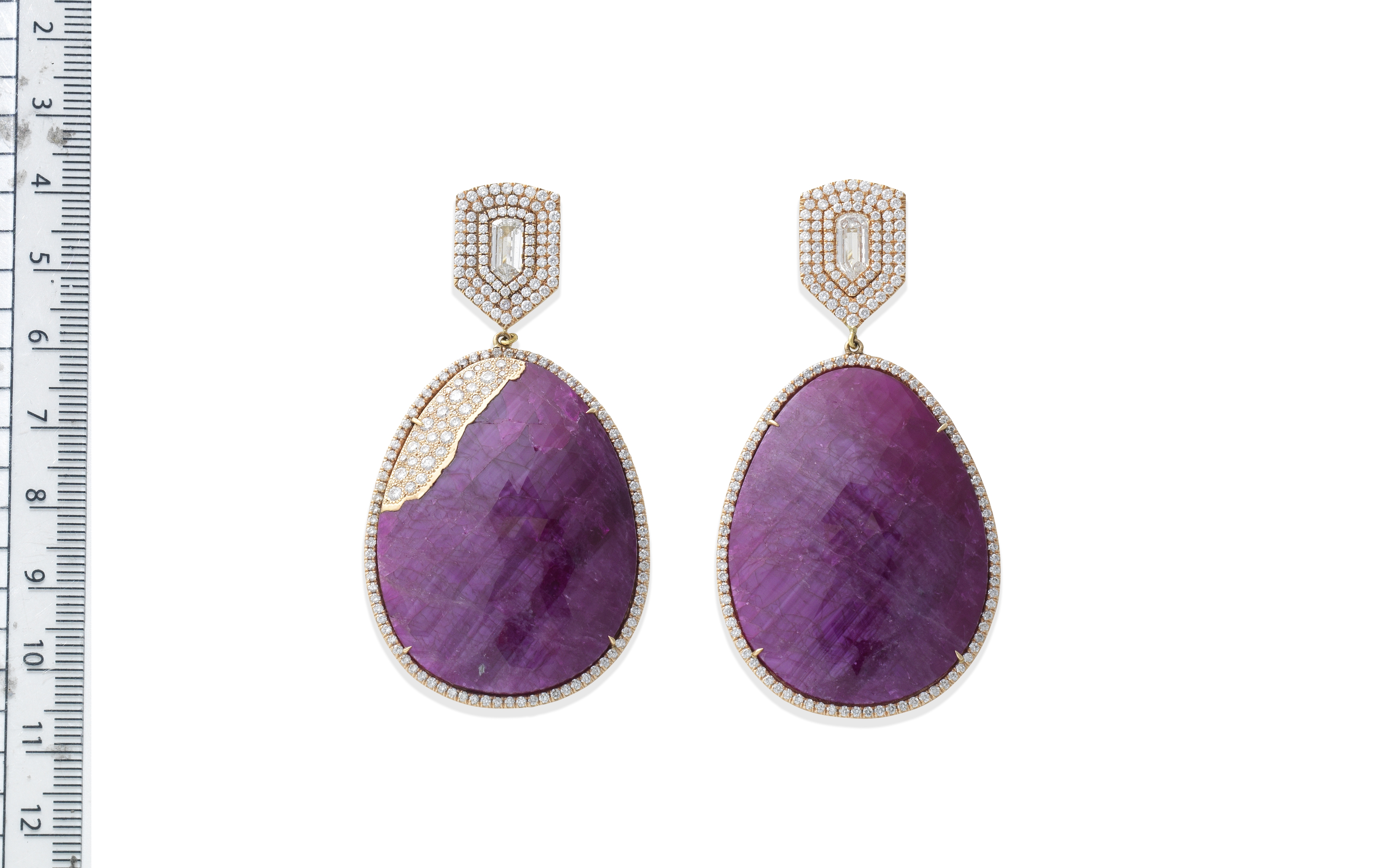 A PAIR OF RUBY AND DIAMOND PENDENT EARRINGS