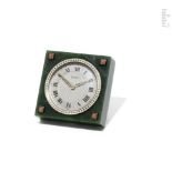 AN ART DECO NEPHRITE, GEM-SET AND ENAMEL DESK CLOCK, BY CARTIER,