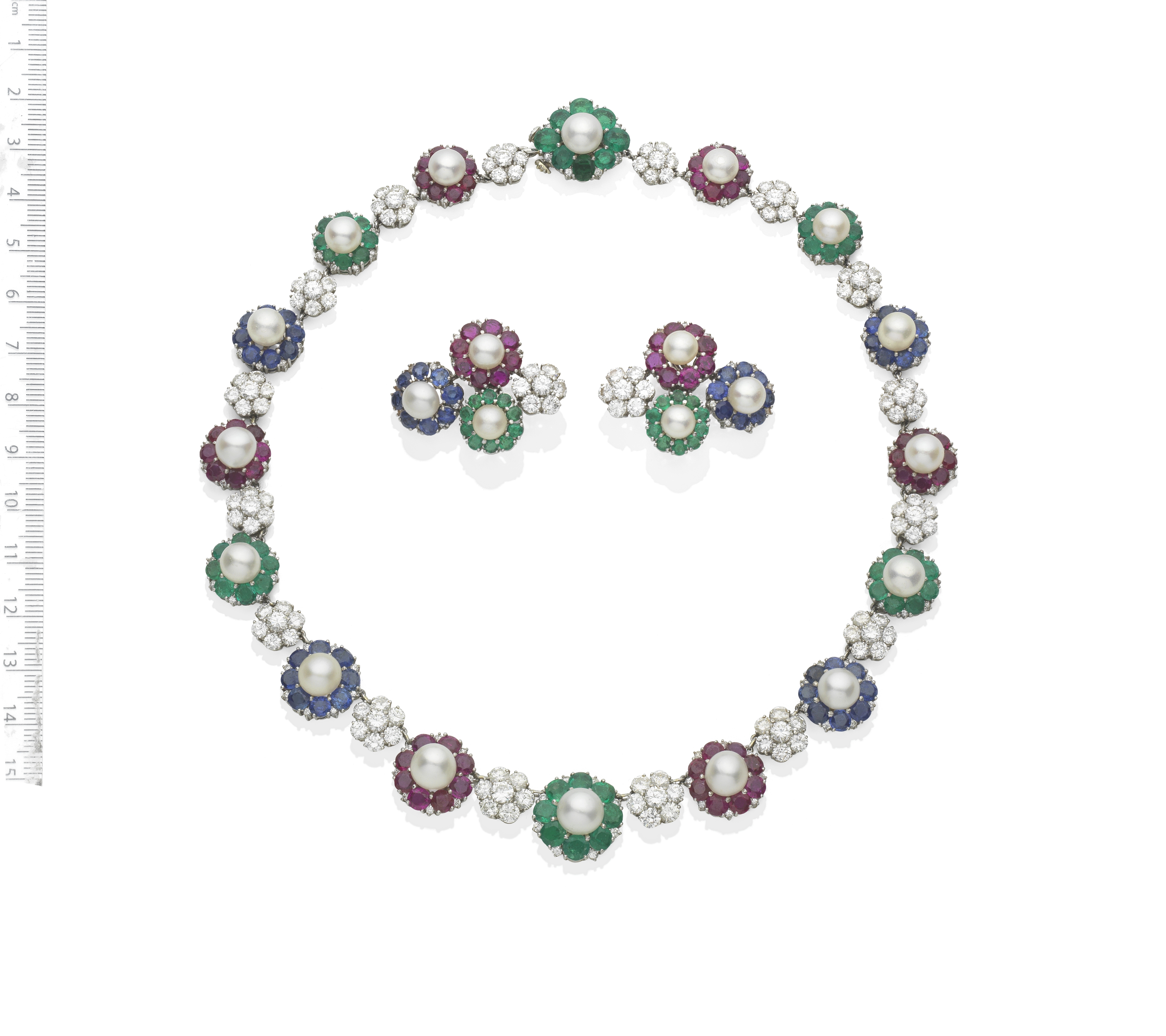 A NATURAL PEARL AND GEM-SET NECKLACE AND EARCLIP SUITE (2)