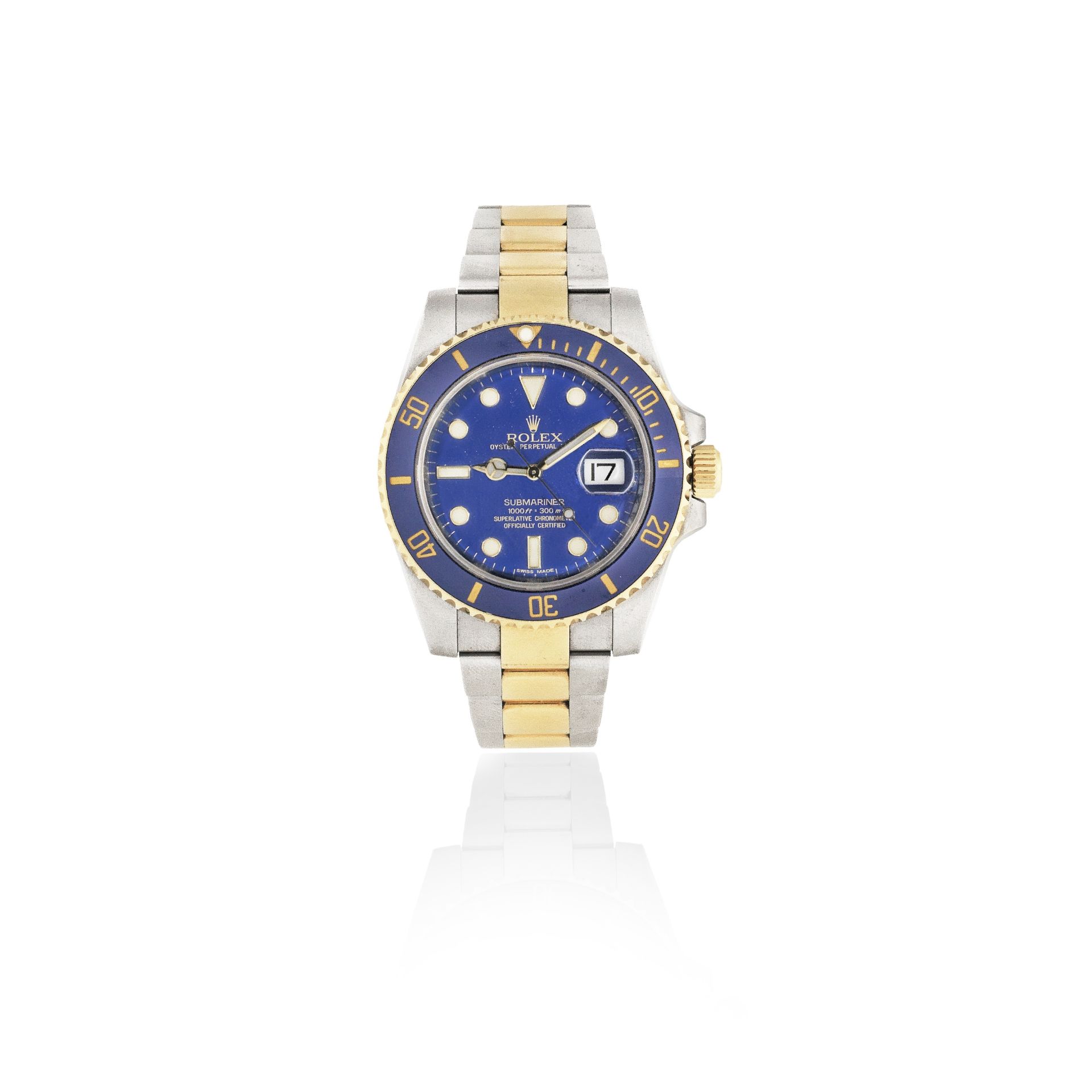 Rolex. A stainless steel and gold automatic calendar bracelet watch Submariner, Ref: 116613, Cir...