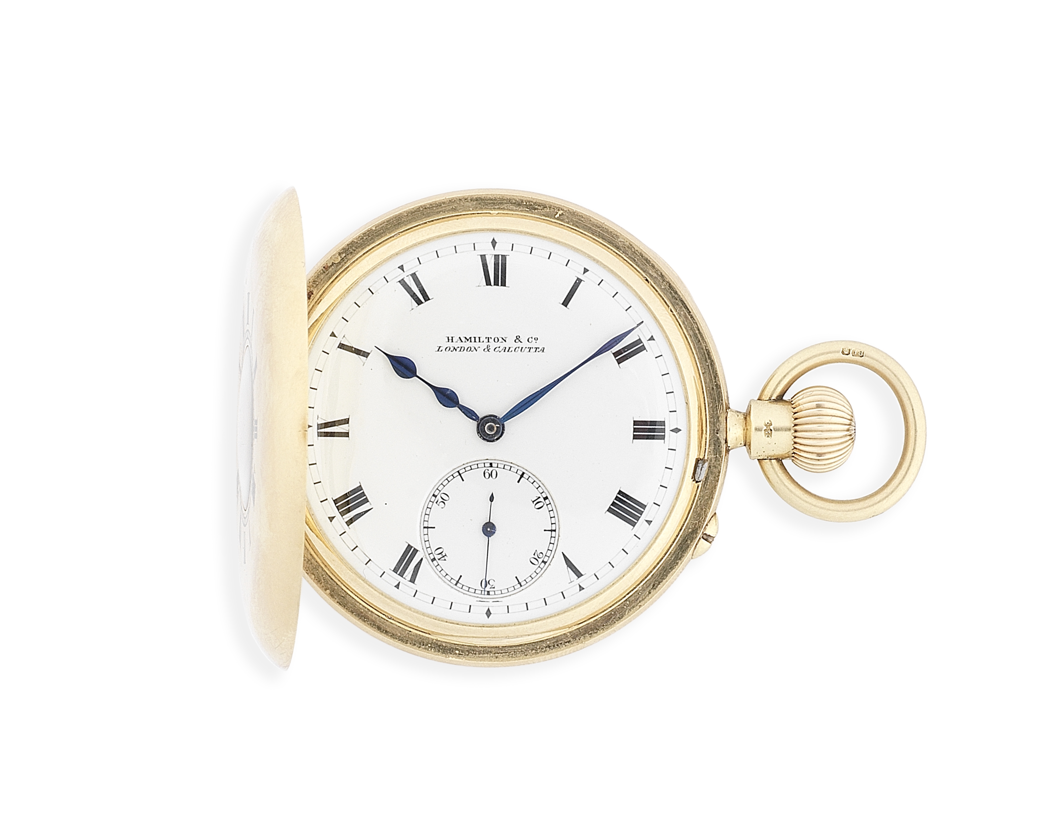 Hamilton & Co., London & Calcutta. An 18K gold keyless wind half hunter pocket watch London Hallm...