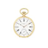 Patek Philippe. An 18K gold keyless wind open face pocket watch Retailed by Relojoaria Gondolo, R...