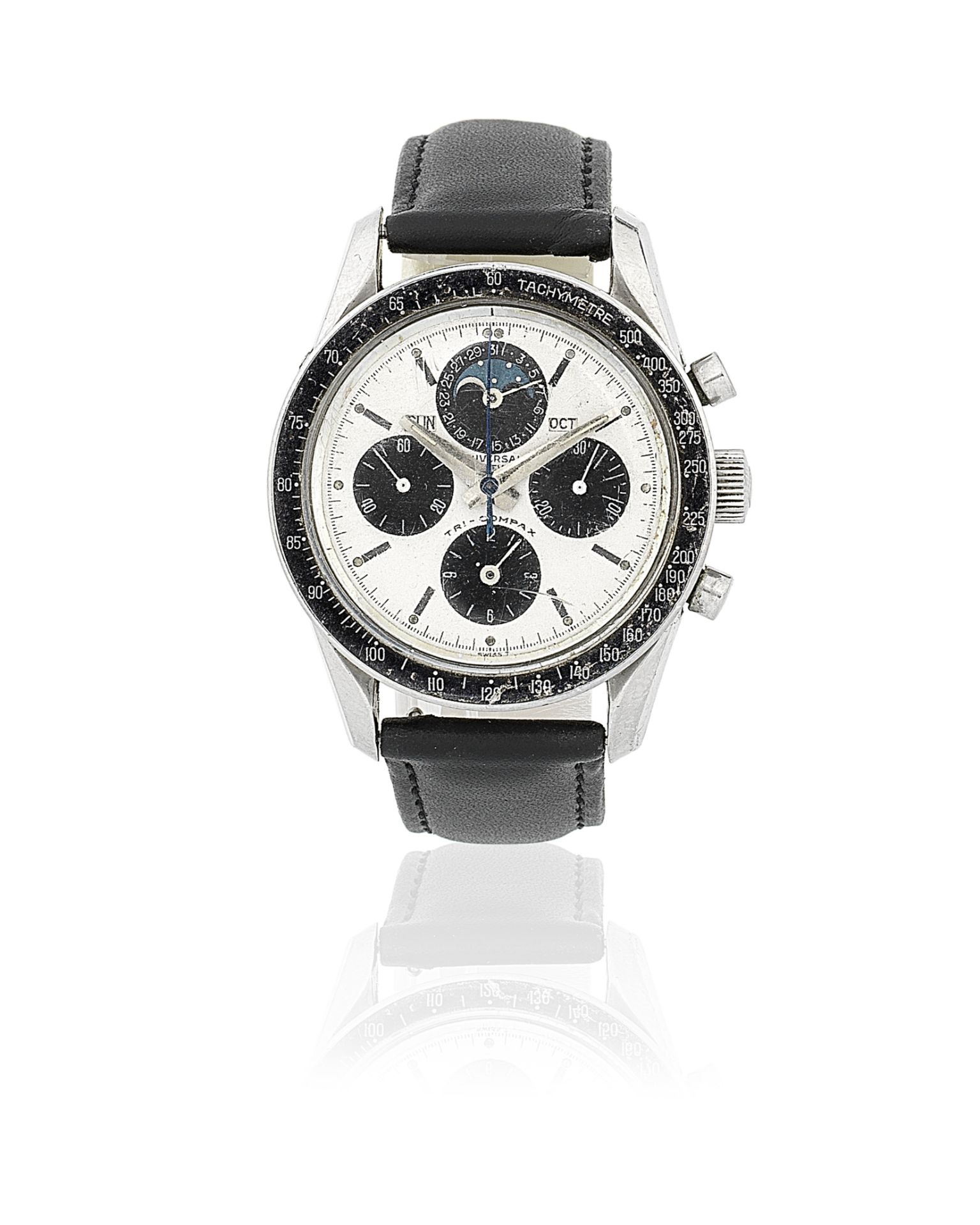 Universal Geneve. A stainless steel manual wind triple calendar chronograph wristwatch with moon ...