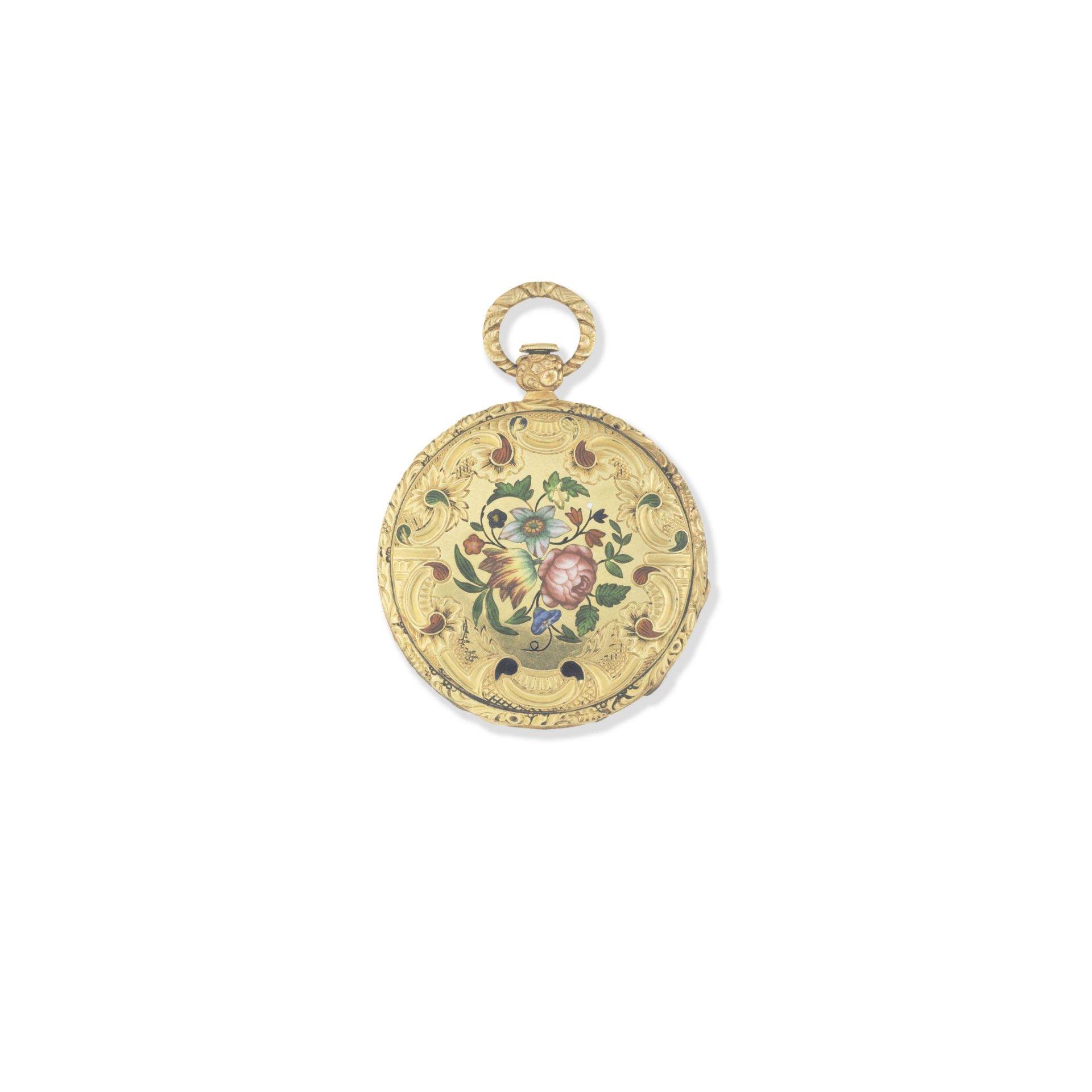 A continental gold key wind open face pocket watch with enamel decoration Circa 1830