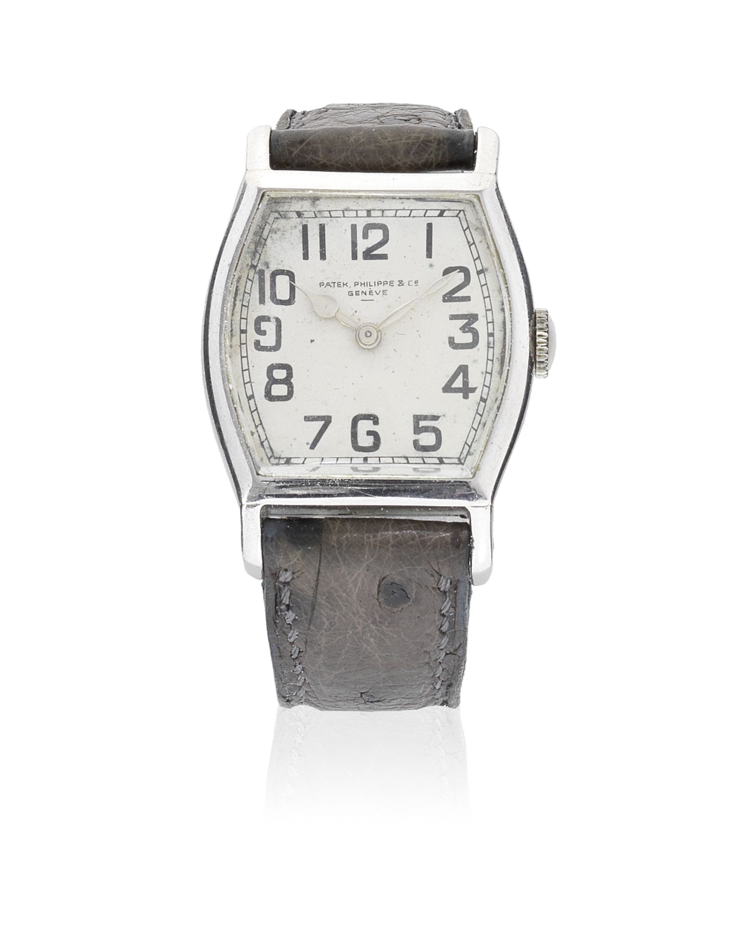 Patek Philippe. An early and rare platinum tortue form manual wind wristwatch Movement manufactur...