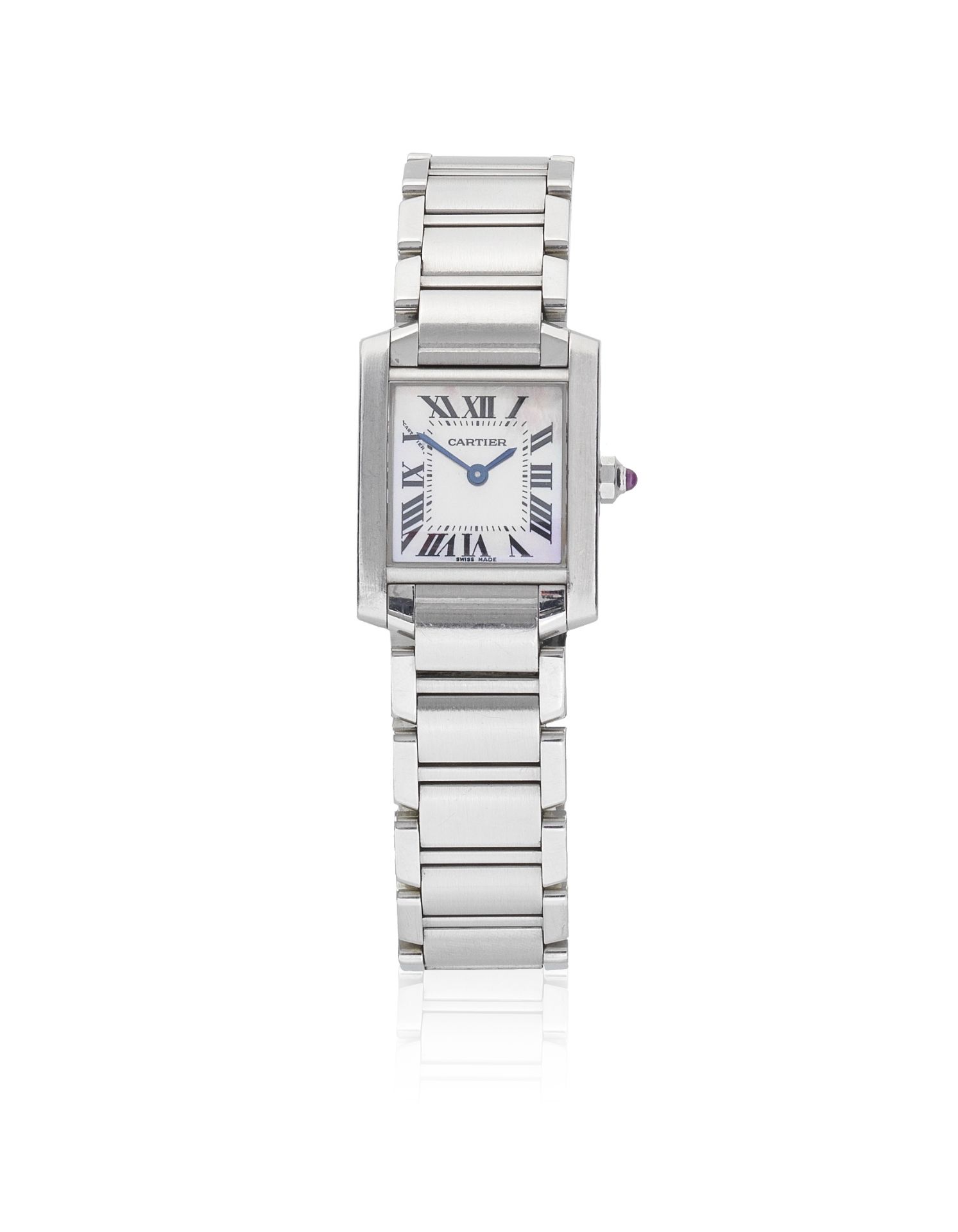 Cartier. A lady's stainless steel quartz rectangular bracelet watch with mother of pearl dial Ta...
