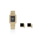 Piaget. An 18K gold and diamond set quartz bracelet watch with complimenting cuff links Ref: 7412...