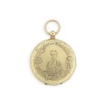 Cooper, London. An 18K gold key wind full hunter pocket watch with engraving depicting the Americ...