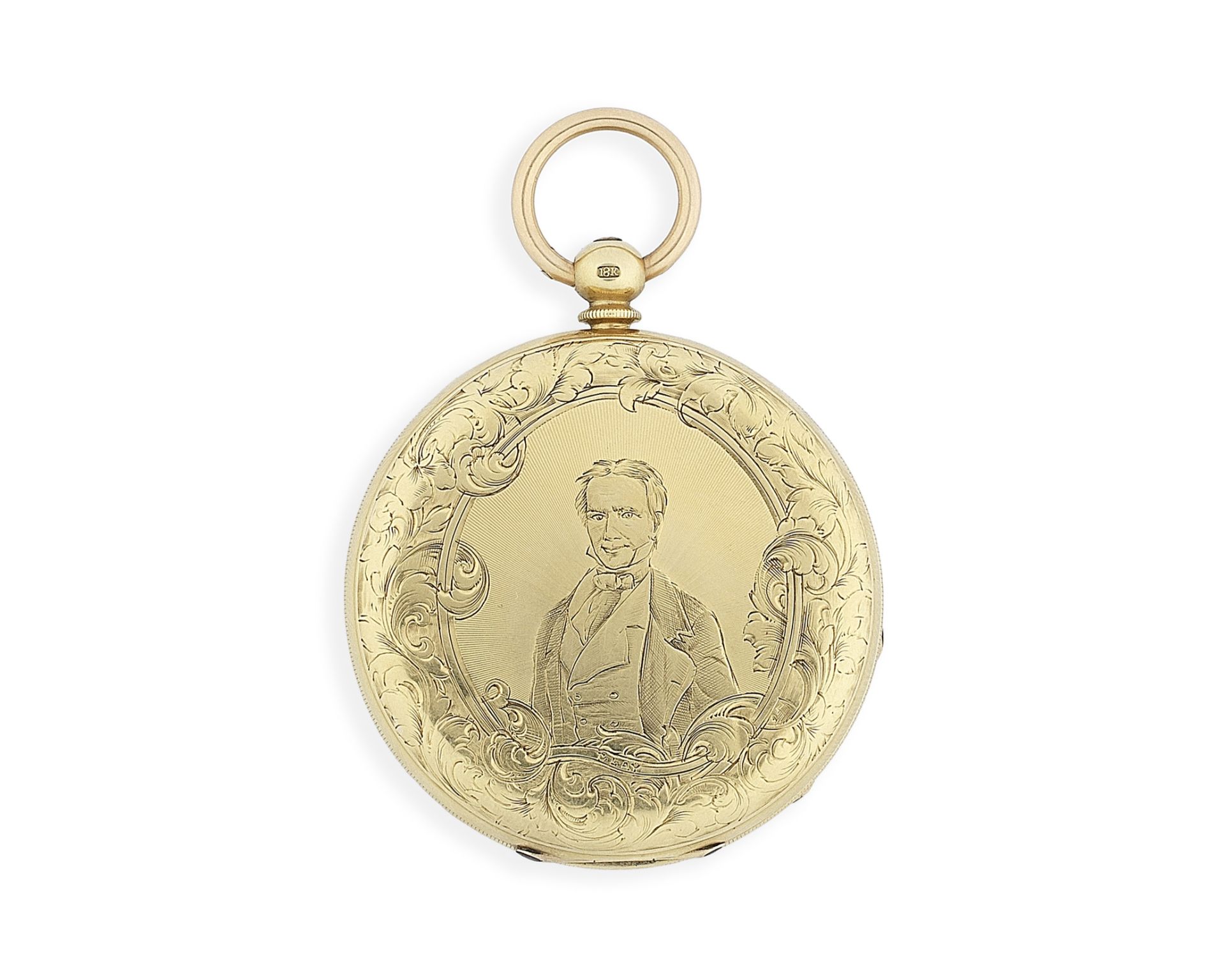 Cooper, London. An 18K gold key wind full hunter pocket watch with engraving depicting the Americ...