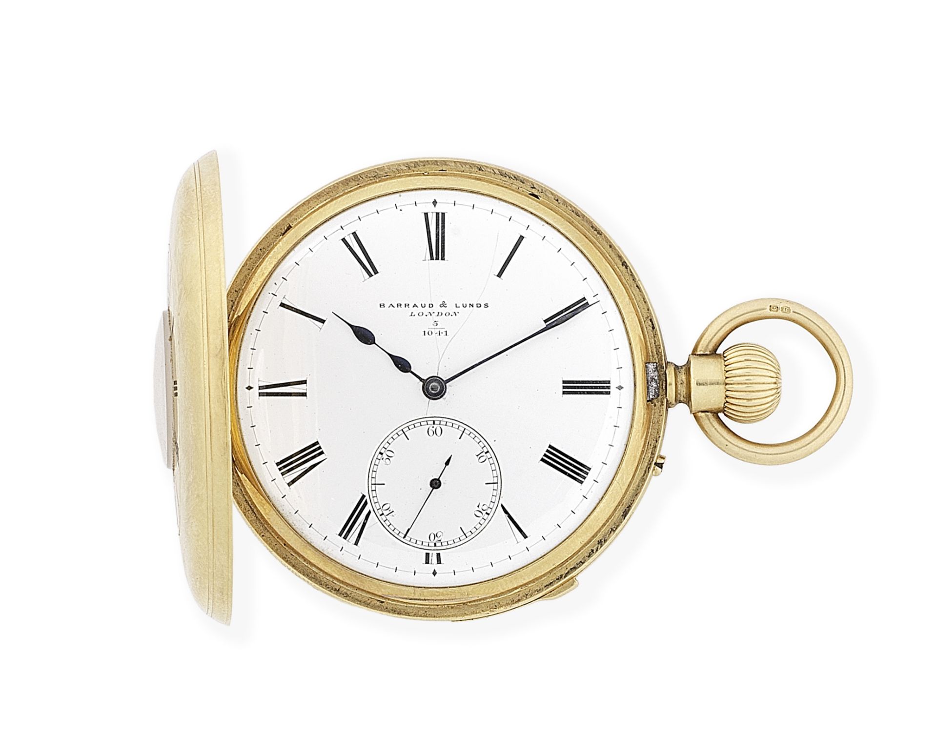 Barraud & Lunds, London. An 18K gold keyless wind half hunter quarter repeating pocket watch Lond...