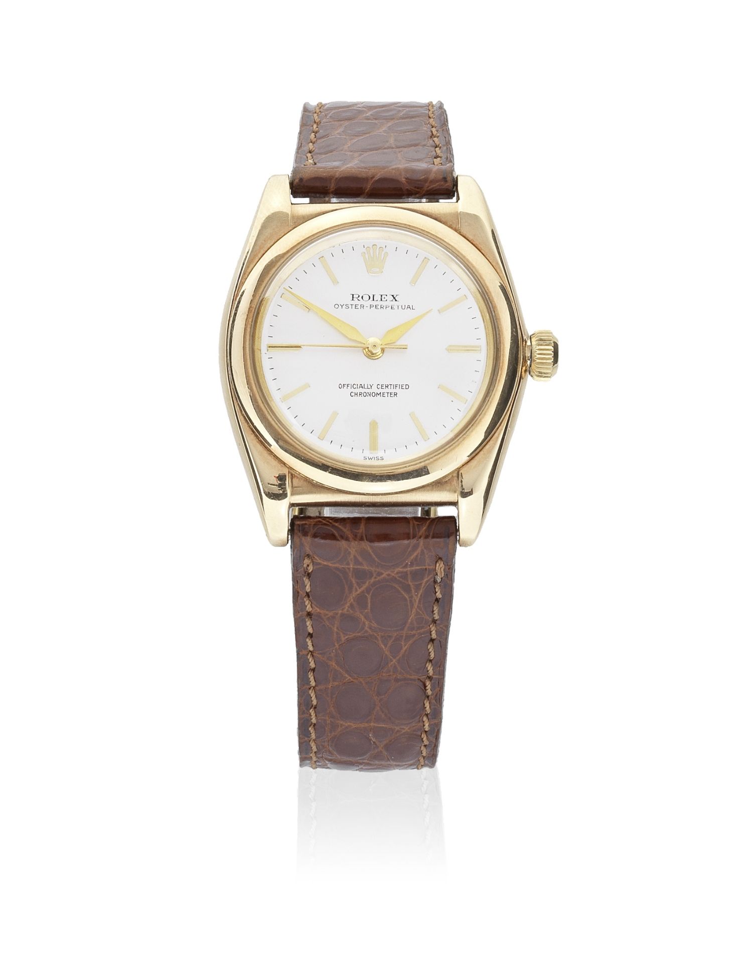 Rolex. A 14K gold automatic bubble back wristwatch Oyster Perpetual Ovetto, Ref: 3131, Circa 1946