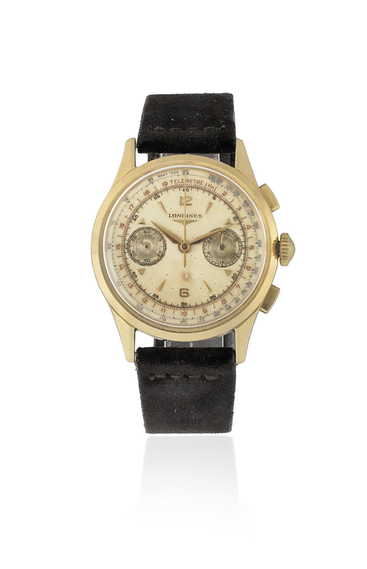 Longines. An 18K gold manual wind flyback chronograph wristwatch Ref: 5967, 1952
