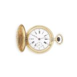 An 18K gold and enamel keyless wind full hunter pocket watch Circa 1910