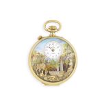 Reuge, À Sainte-Croix. A gold plated keyless wind musical automaton open face pocket watch Circa ...