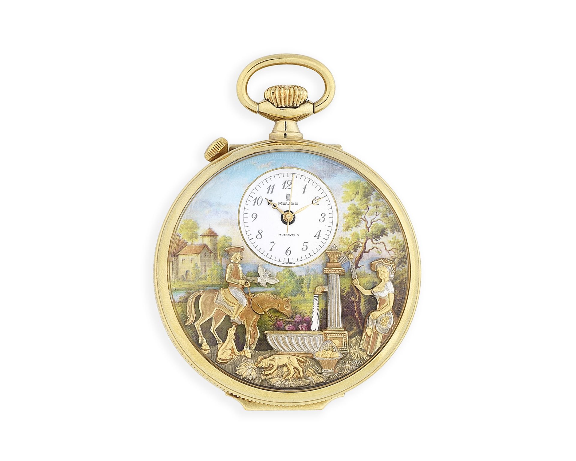 Reuge, À Sainte-Croix. A gold plated keyless wind musical automaton open face pocket watch Circa ...