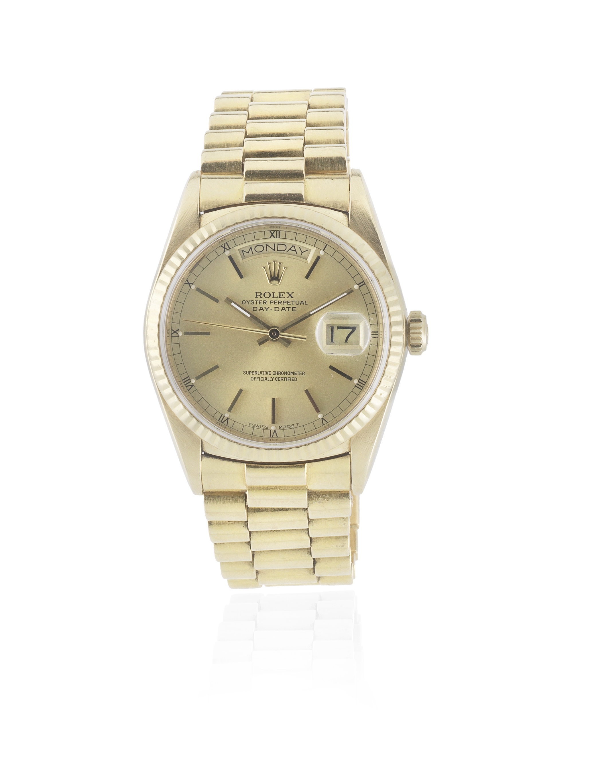 Rolex. An 18K gold automatic calendar bracelet watch Day-Date, Ref: 18038/18000, Purchased 21st ...