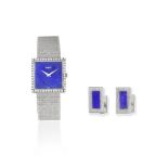 Piaget. An 18K white gold and diamond set manual wind square bracelet watch with lapis lazuli dia...