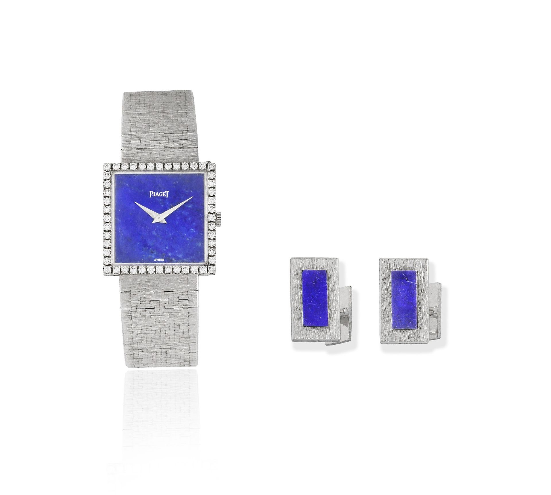 Piaget. An 18K white gold and diamond set manual wind square bracelet watch with lapis lazuli dia...