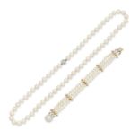 Cultured pearl and diamond necklace and bracelet