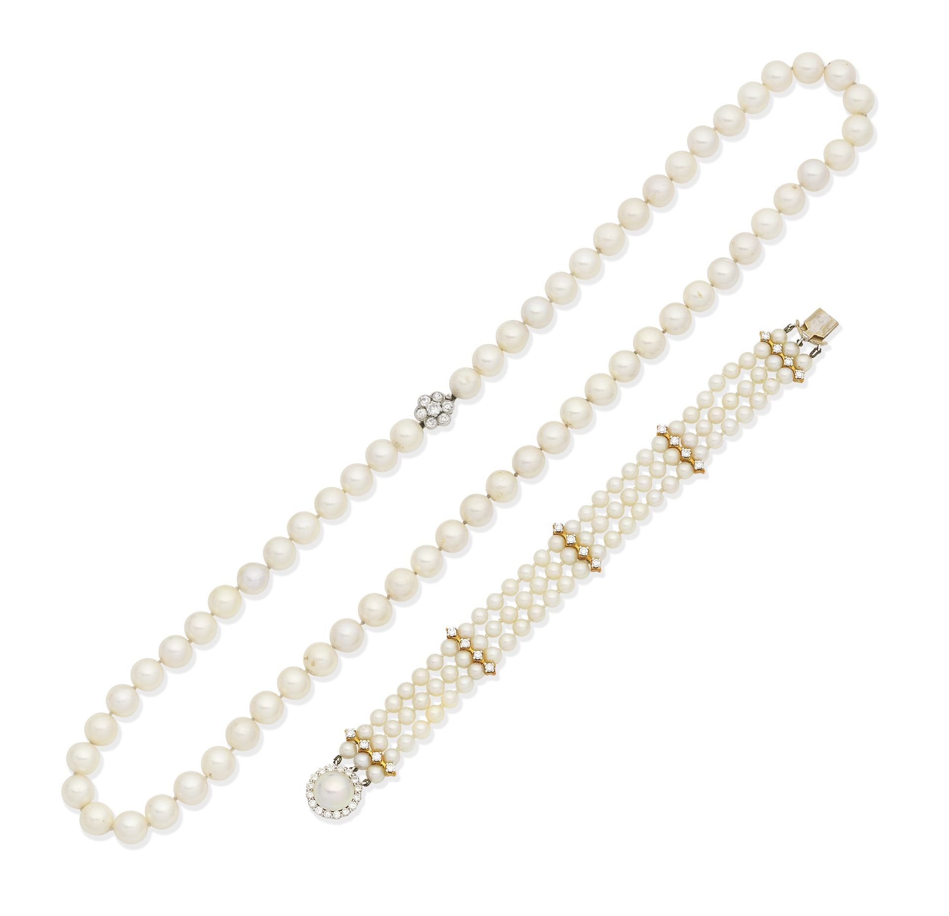 Cultured pearl and diamond necklace and bracelet