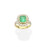 Emerald and diamond cluster ring