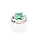 Emerald and diamond three-stone ring