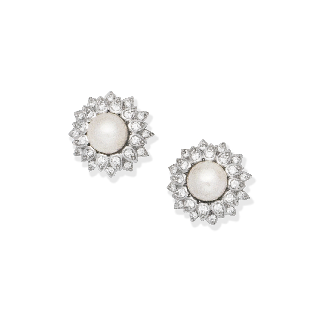 Cultured pearl and diamond earclips