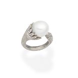 Cultured pearl and diamond dress ring