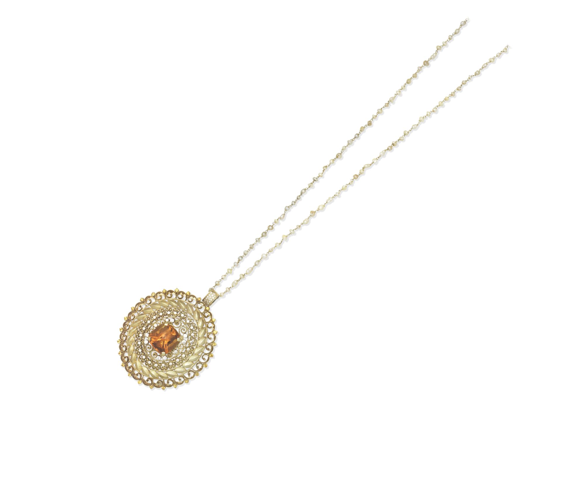 Citrine, pearl and diamond pendant necklace