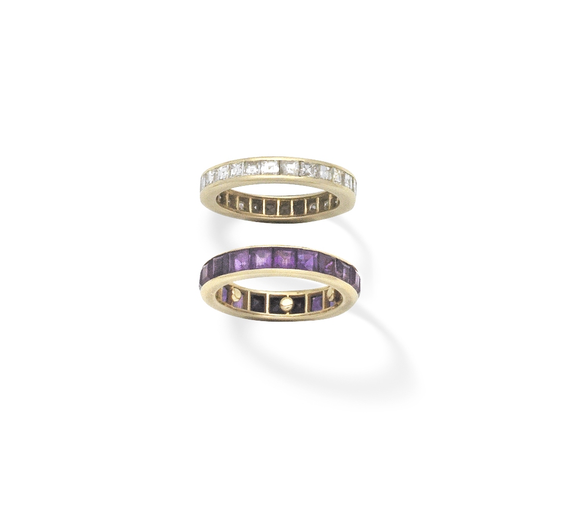 Diamond eternity ring and amethyst eternity ring