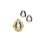 Cultured mabé Pearl, diamond and onyx brooch and earclip suite