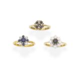 Three sapphire and diamond cluster rings