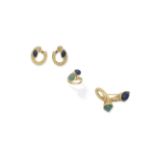 Boucheron: Lapis lazuli and chrysoprase brooch and earclip suite, (3)