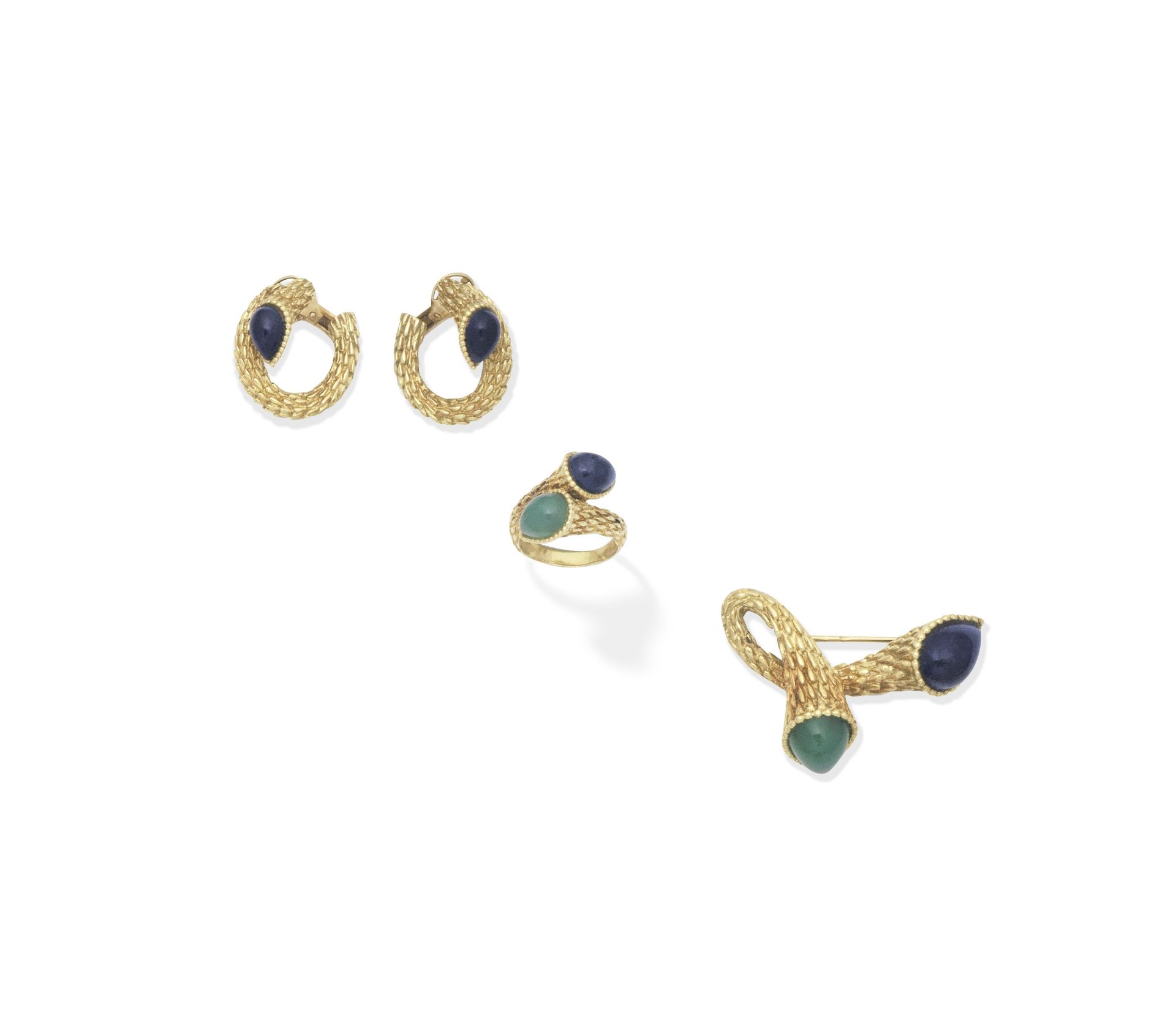 Boucheron: Lapis lazuli and chrysoprase brooch and earclip suite, (3)