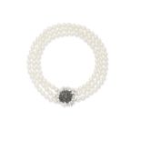 Three row cultured pearl necklace with gem-set clasp