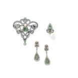 Emerald brooch, pendent earrings and ring (3)