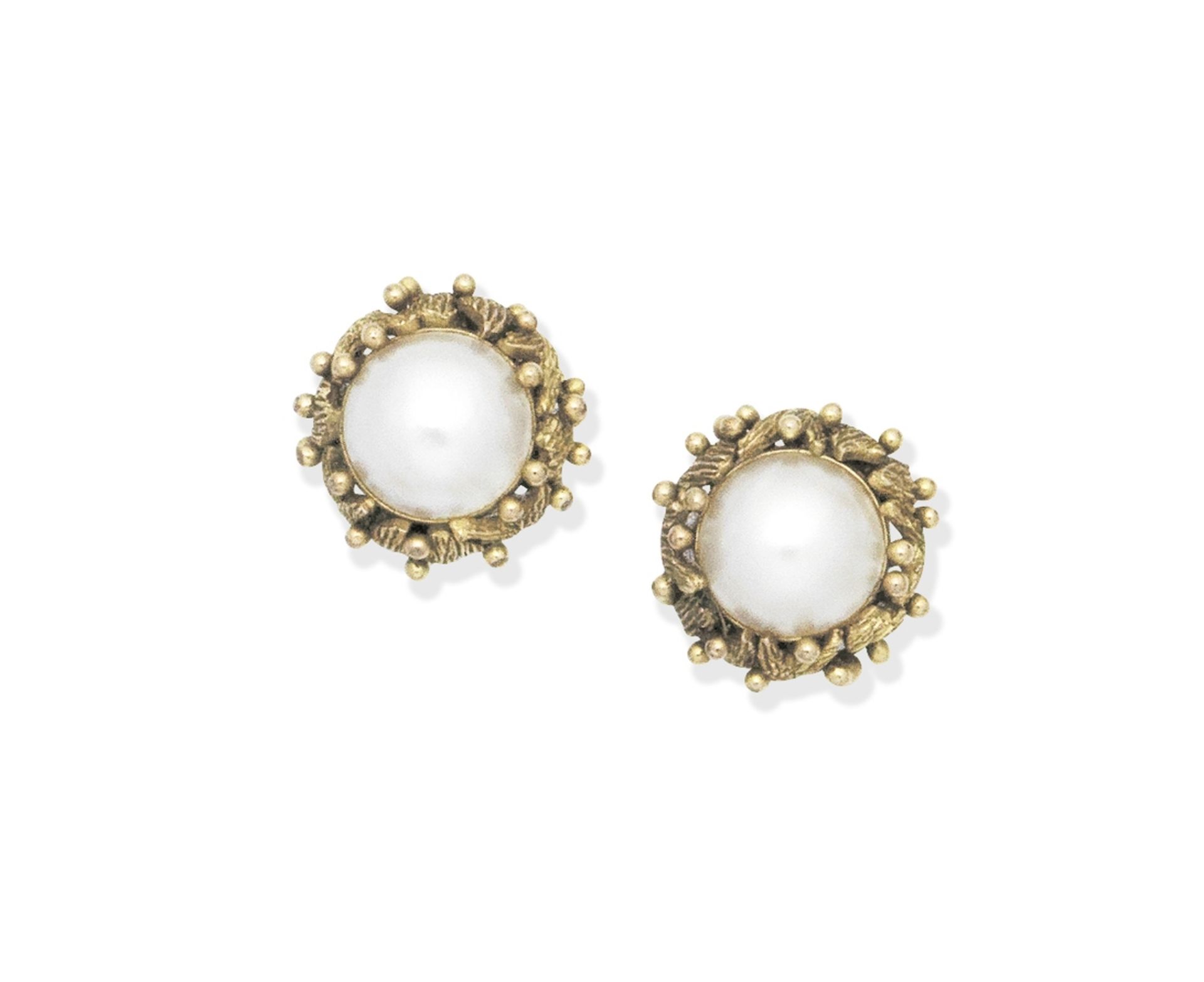 Mabé cultured pearl earclips, circa 1970