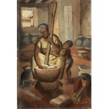 Kofi Antubam (Ghanaian, 1922-1964) Mother and child cooking unframed.