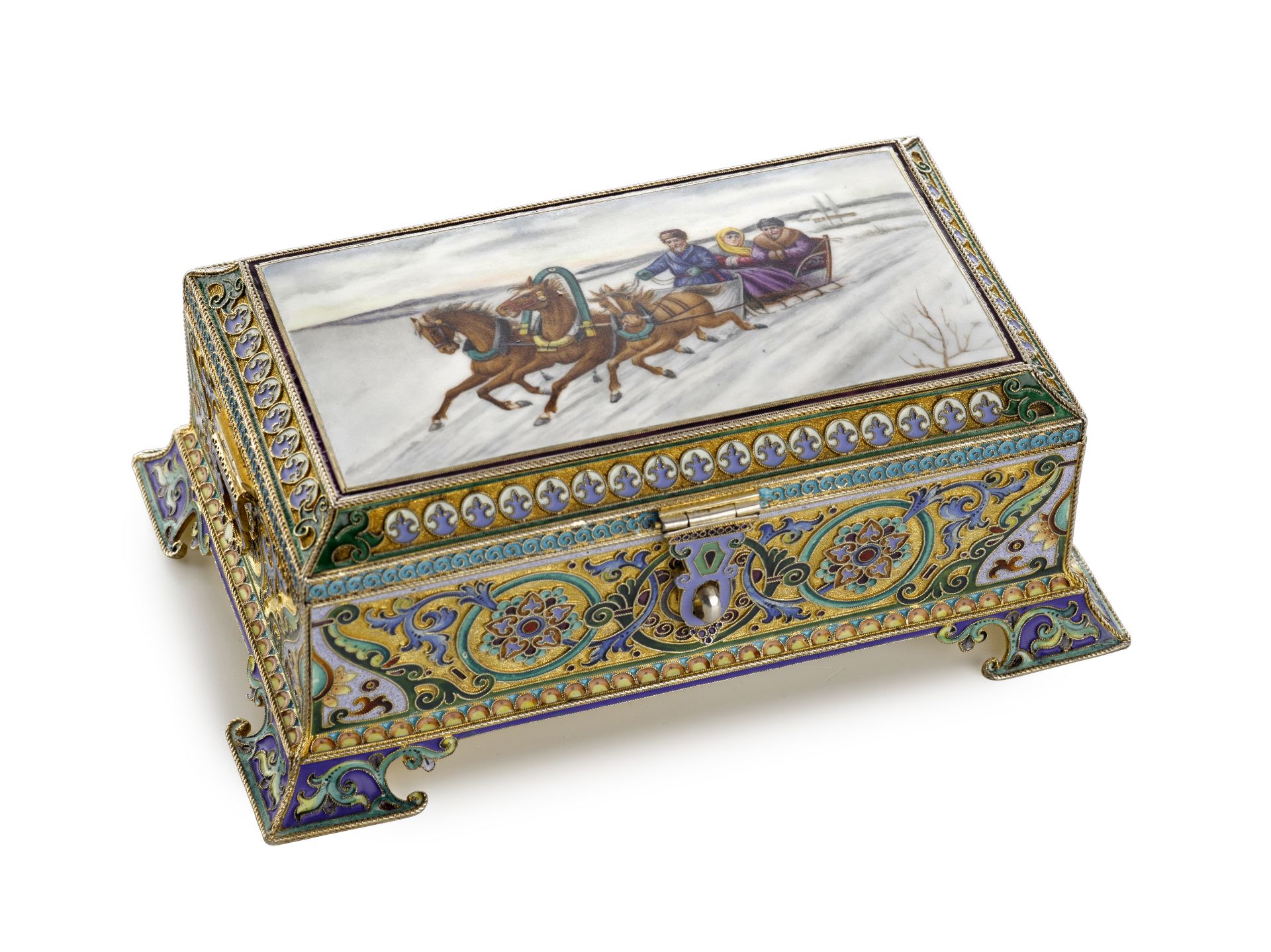 A silver-gilt and enamel pictorial casket11th Artel, Moscow, 1908-1917