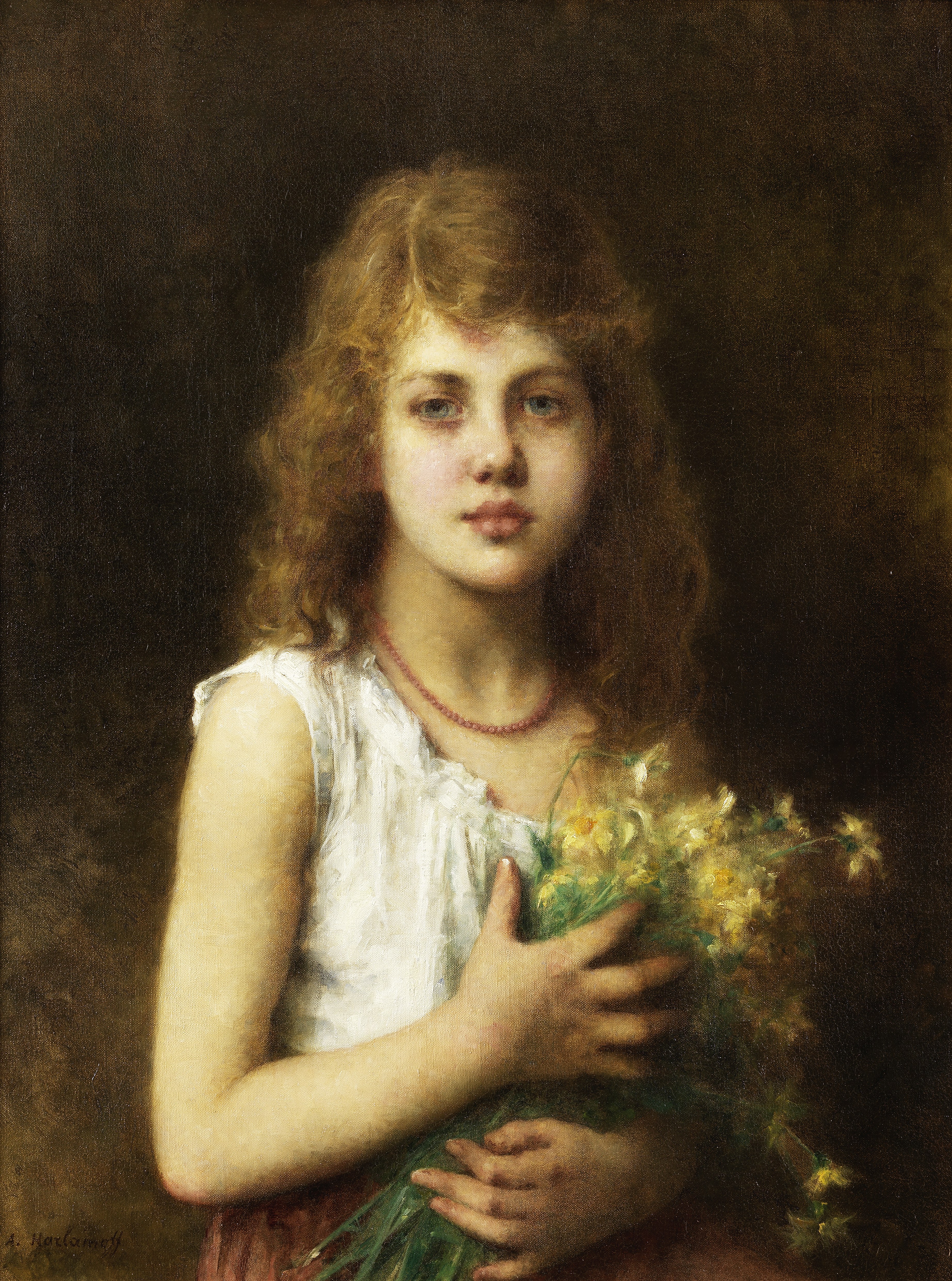 Alexei Alexeevich Harlamoff (Russian, 1840-1925) Young girl with a bunch of marguerites