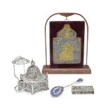 Group of Russian artefacts, comprising: small silver-gilt and enamel pillbox, silver-gilt and ena...