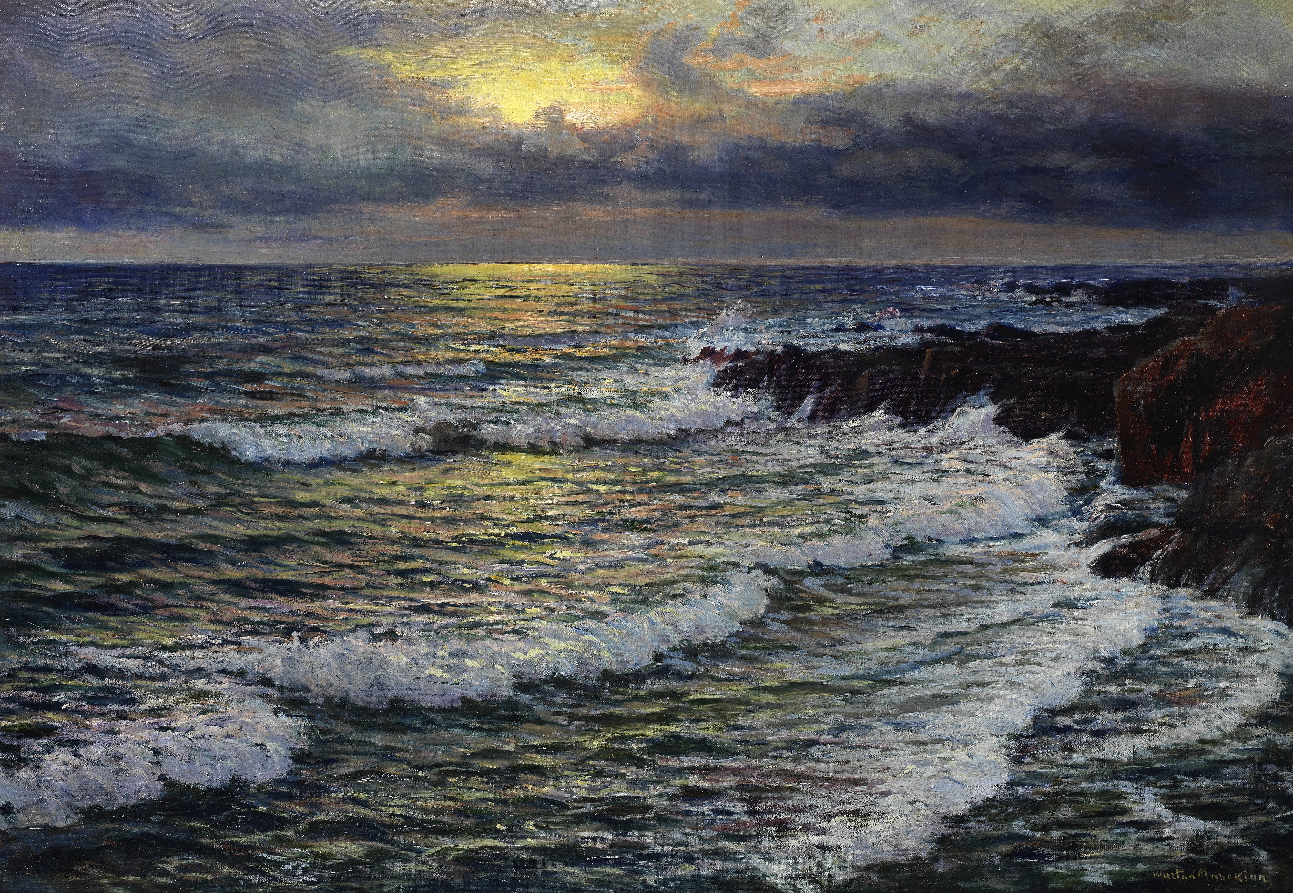 Wartan Mahokian (Armenian, 1869-1937) Sunset over the waves