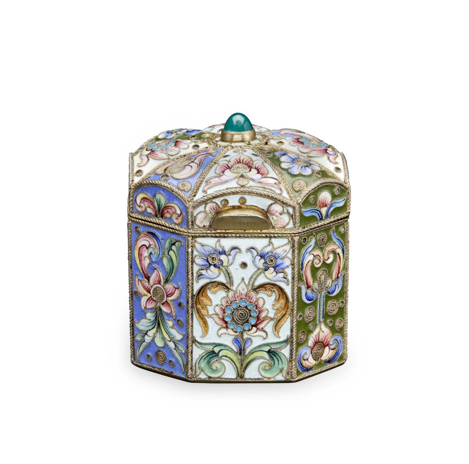 A silver-gilt and enamel octagonal casketNikolai Zverev, Moscow 1898-1908