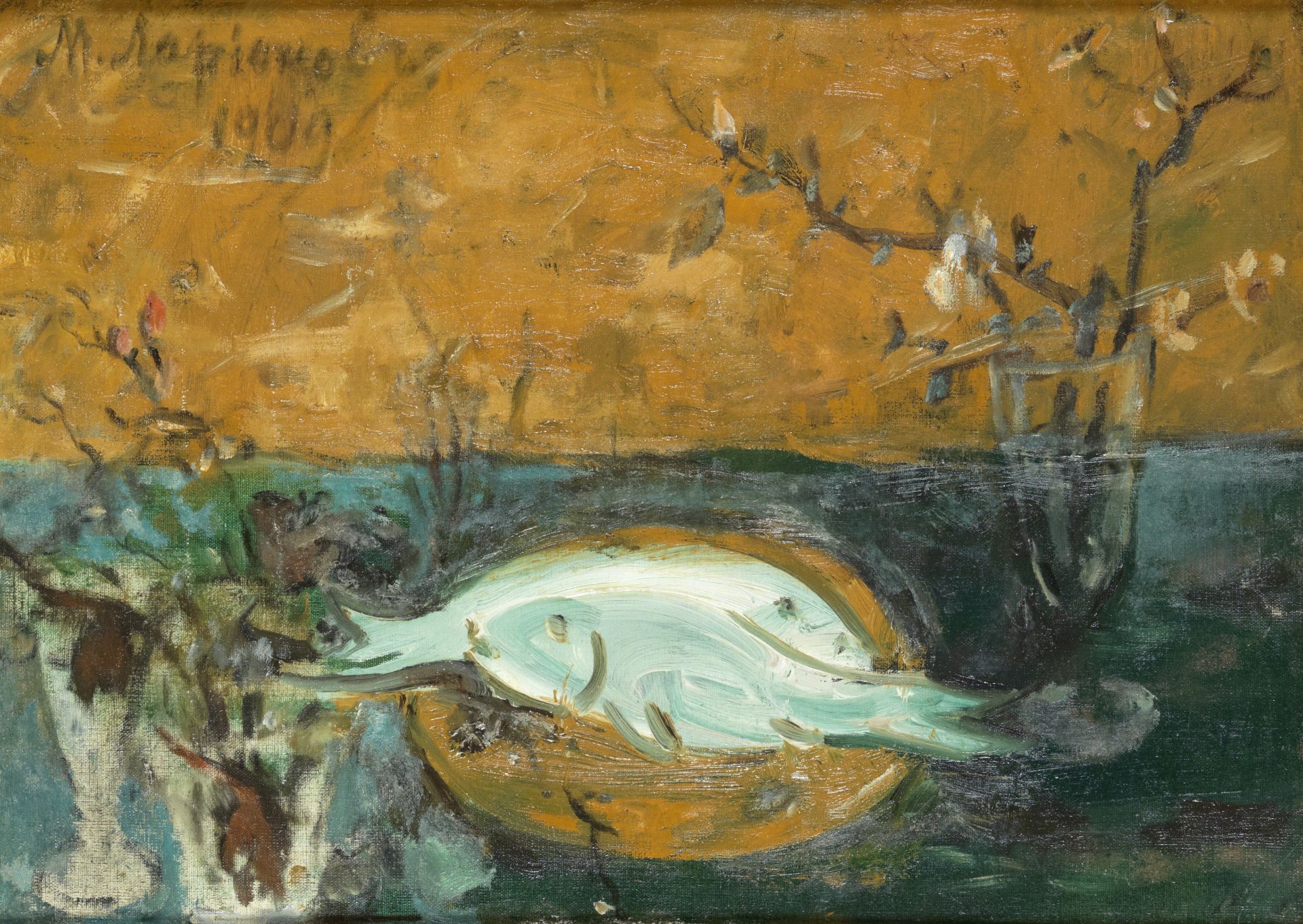 Mikhail Fedorovich Larionov (Russian/French, 1881-1964) Still life with fish and flowers