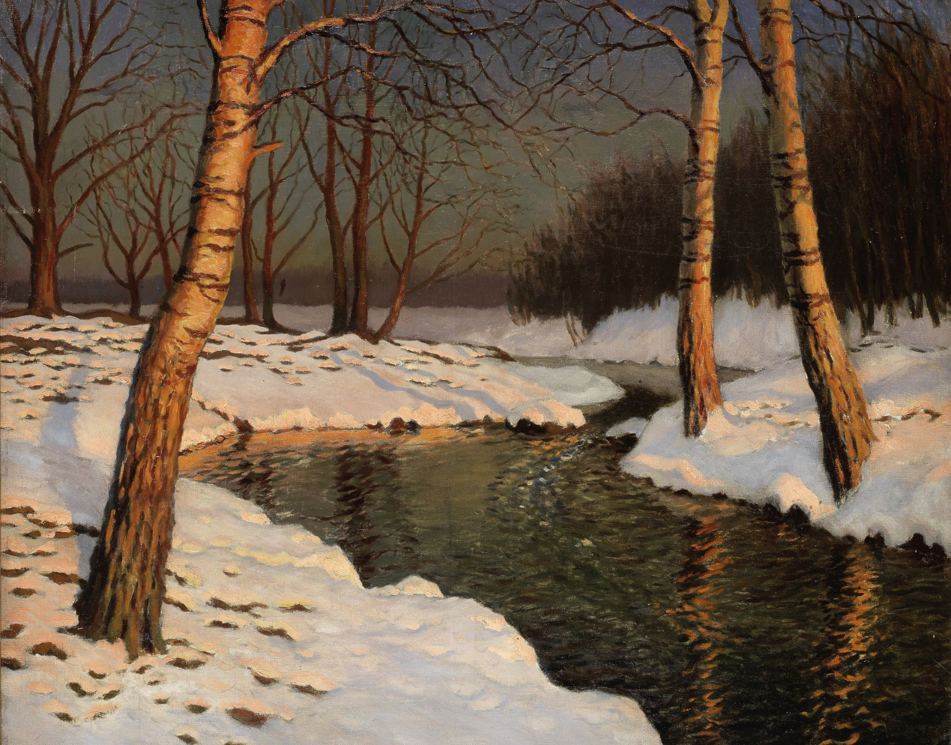 Mikhail Markianovitch Guermacheff (Russian, 1867-1930) Snow on the river-bank