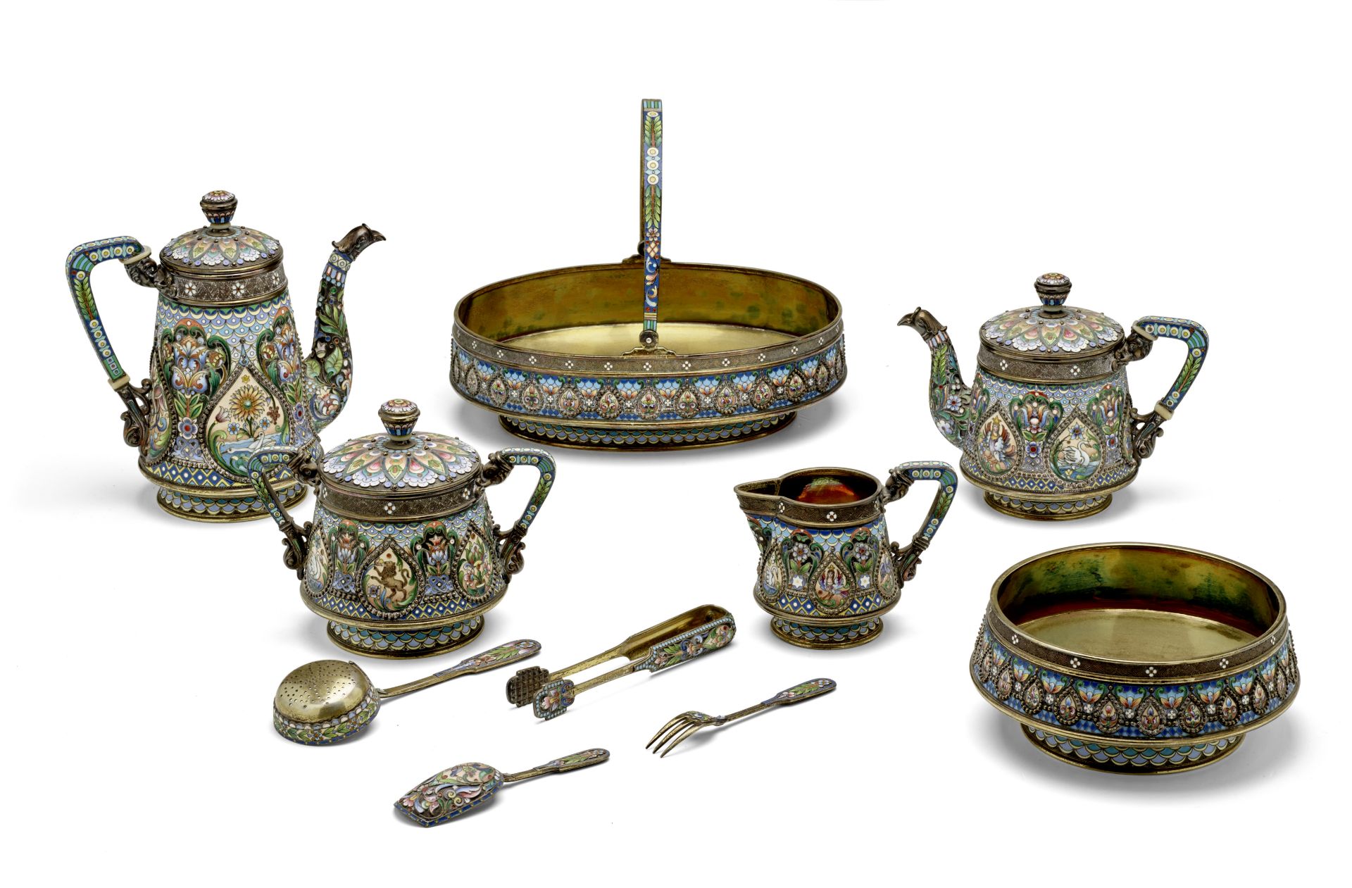 An important and elaborate silver-gilt and enamel tea and coffee service Pavel Ovchinnikov under ...