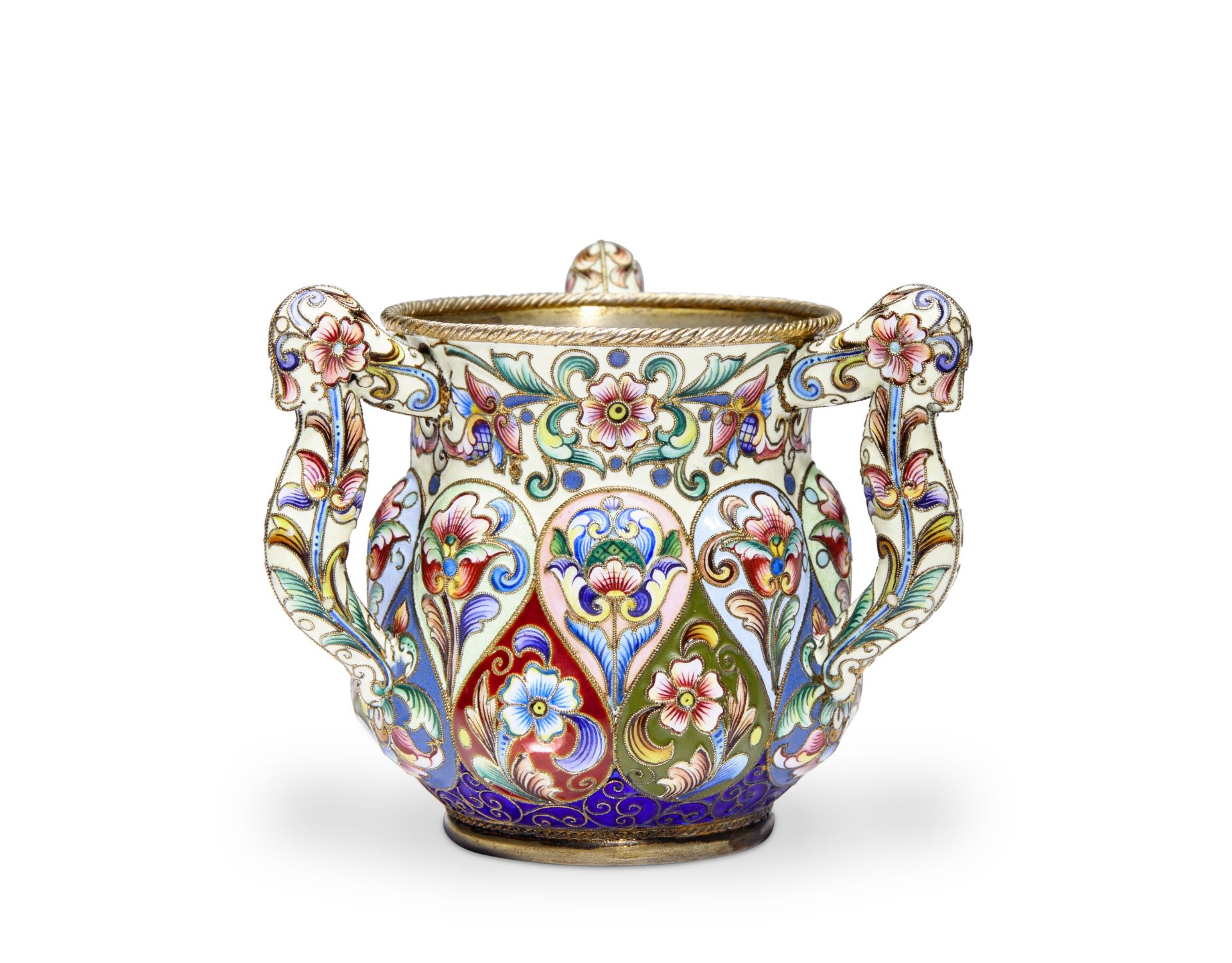 A silver-gilt and enamel three-handled cupFedor Rückert, Moscow, 1899-1908, scratched inventory n...