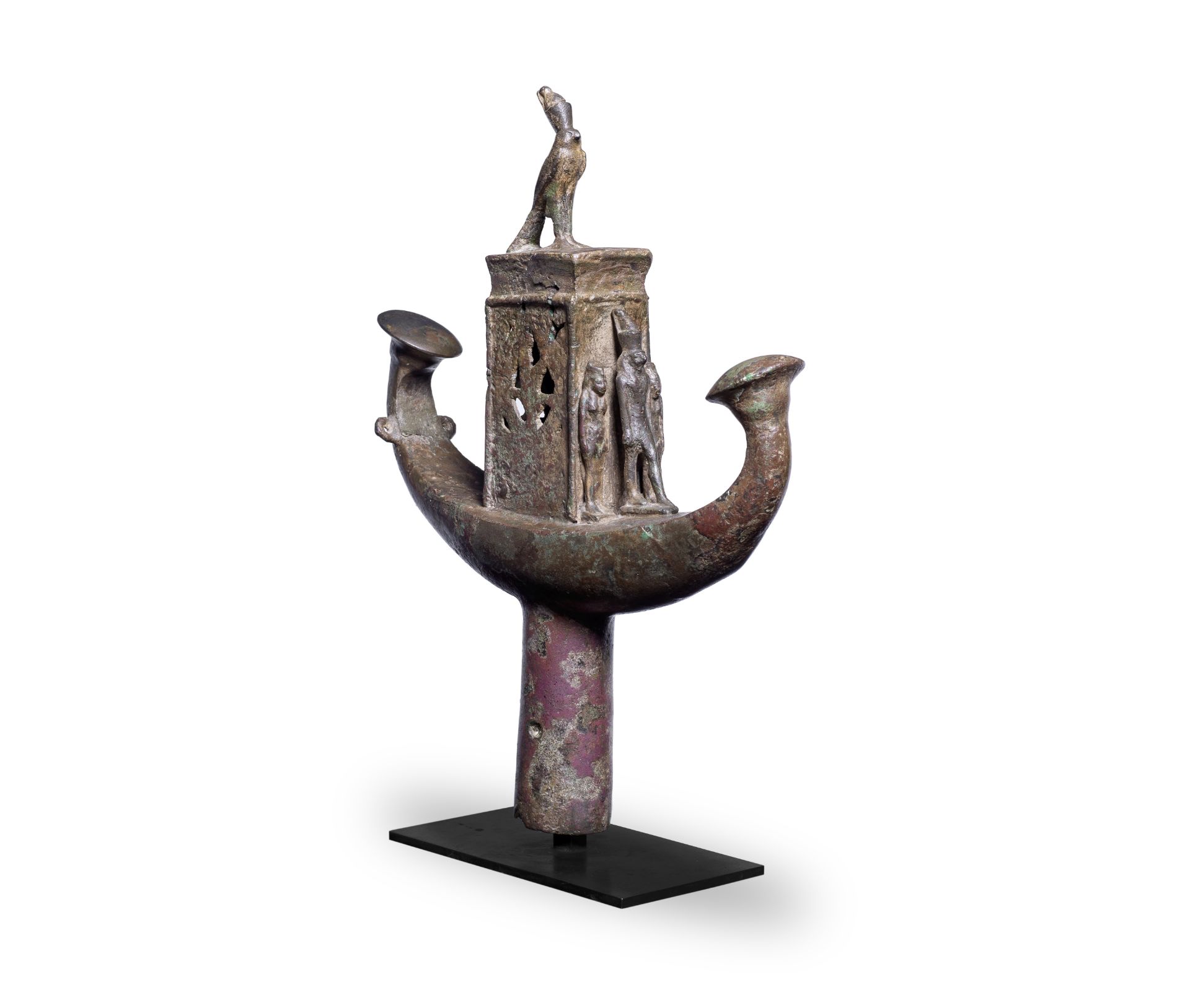 An Egyptian bronze solar boat finial