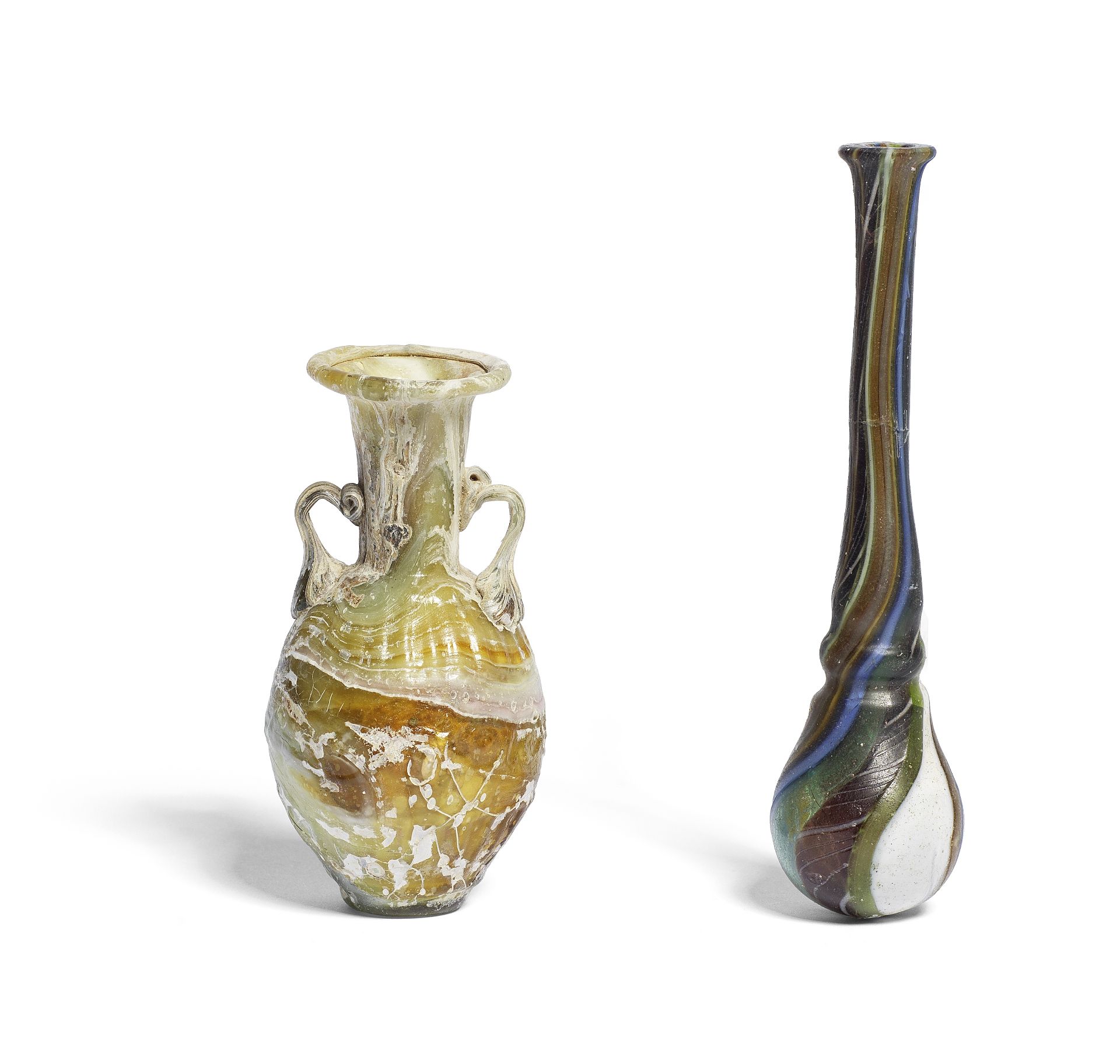 A Sidonian marbled glass amphoriskos and an After the Antique colour-band glass flask, 2
