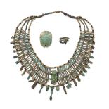 An Egyptian glazed composition bead collar together with two Egyptian amulets, 5